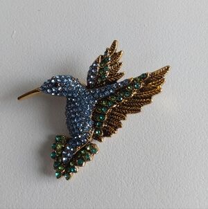 Sparkling Hummingbird Brooch with Blue and Green Crystals